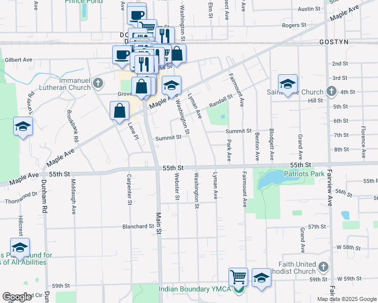 map of restaurants, bars, coffee shops, grocery stores, and more near 5412 Washington Street in Downers Grove