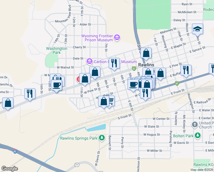 map of restaurants, bars, coffee shops, grocery stores, and more near 798 West Pine Street in Rawlins
