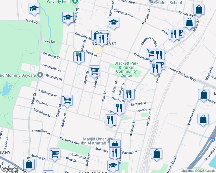 map of restaurants, bars, coffee shops, grocery stores, and more near 142 Clark Street in Hartford