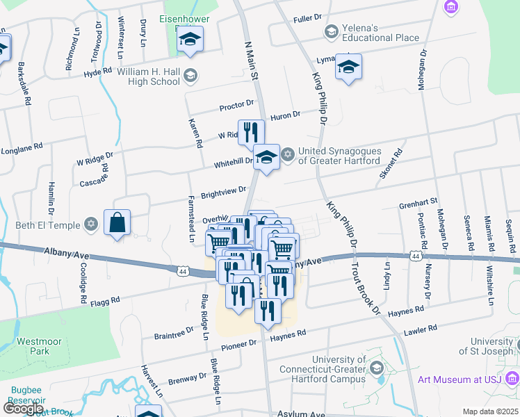 map of restaurants, bars, coffee shops, grocery stores, and more near 2 Starkel Road in West Hartford
