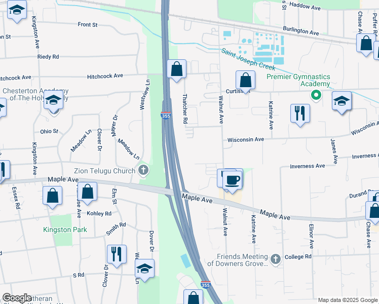 map of restaurants, bars, coffee shops, grocery stores, and more near 5400 Walnut Avenue in Downers Grove