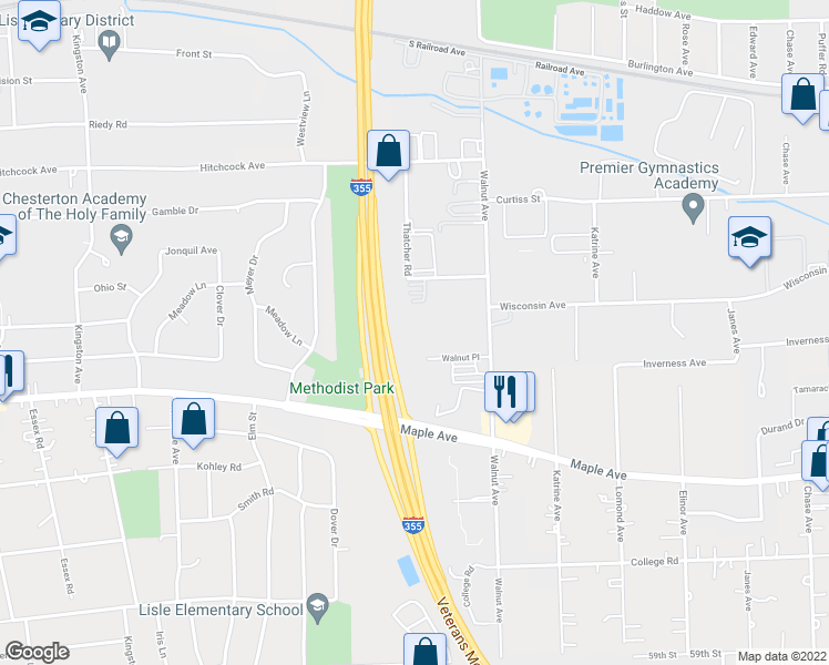 map of restaurants, bars, coffee shops, grocery stores, and more near 5400 Walnut Avenue in Downers Grove