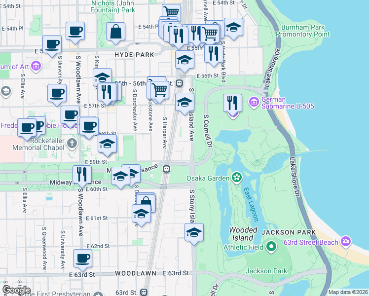 map of restaurants, bars, coffee shops, grocery stores, and more near 1520 East 59th Street in Chicago
