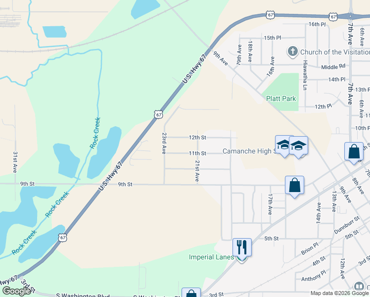 map of restaurants, bars, coffee shops, grocery stores, and more near 11th Street in Camanche