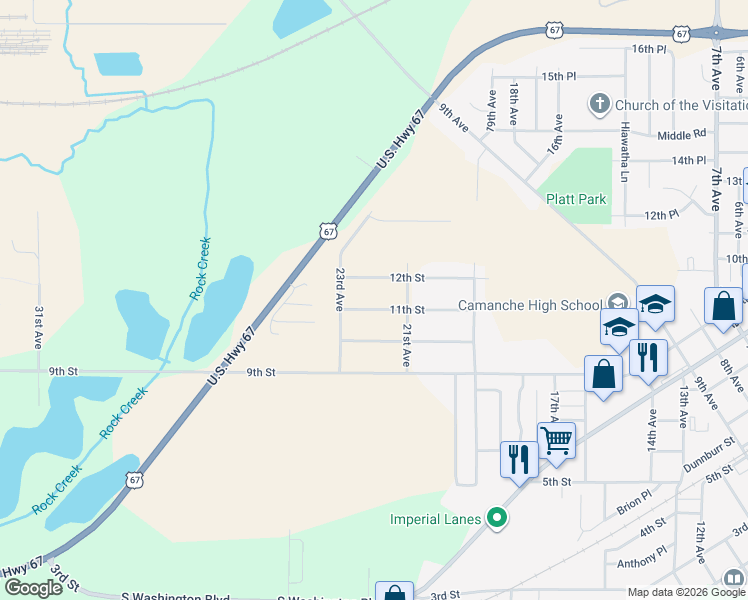 map of restaurants, bars, coffee shops, grocery stores, and more near 11th Street in Camanche