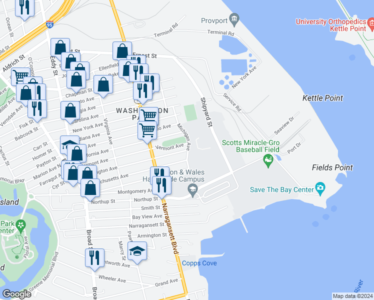 map of restaurants, bars, coffee shops, grocery stores, and more near 71 Washington Avenue in Providence