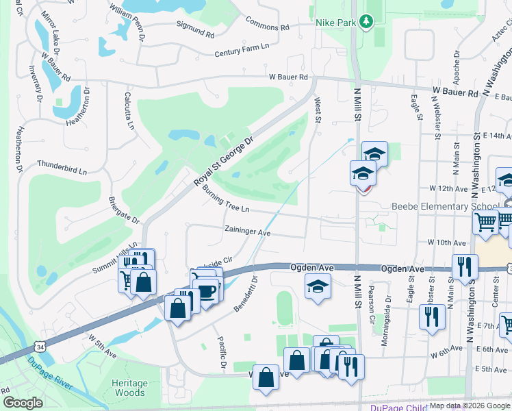 map of restaurants, bars, coffee shops, grocery stores, and more near 713 Burning Tree Lane in Naperville