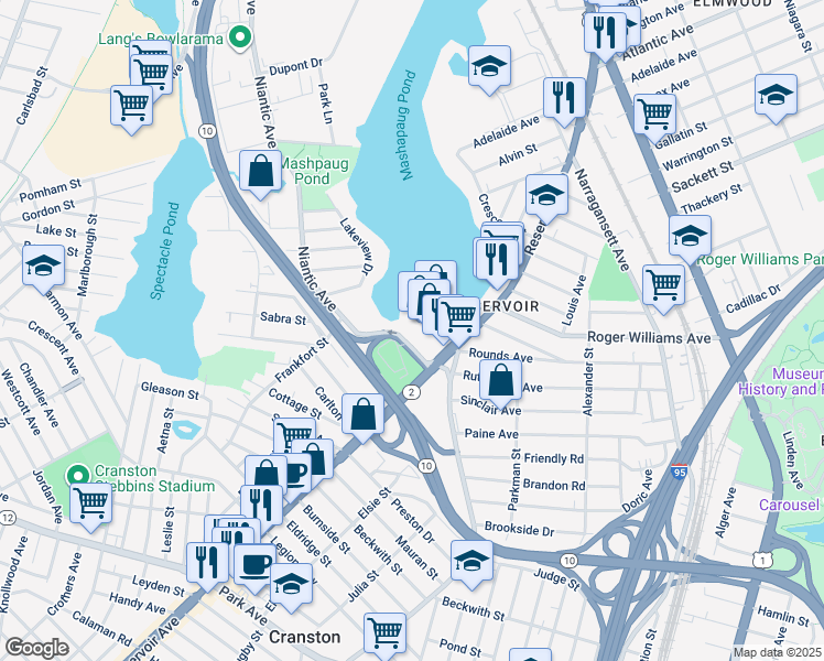 map of restaurants, bars, coffee shops, grocery stores, and more near 1 Pontiac Ave in Providence