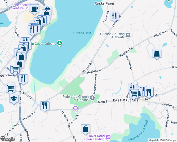 map of restaurants, bars, coffee shops, grocery stores, and more near 125 Tonset Road in Orleans