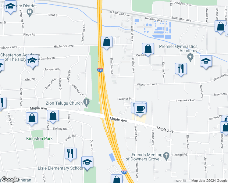 map of restaurants, bars, coffee shops, grocery stores, and more near 5400 Walnut Avenue in Downers Grove