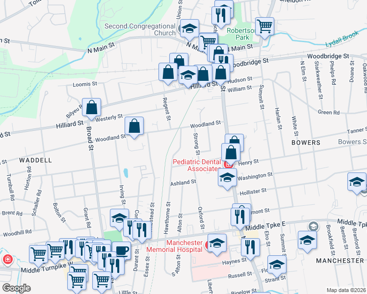 map of restaurants, bars, coffee shops, grocery stores, and more near 171 Hawthorne Street in Manchester