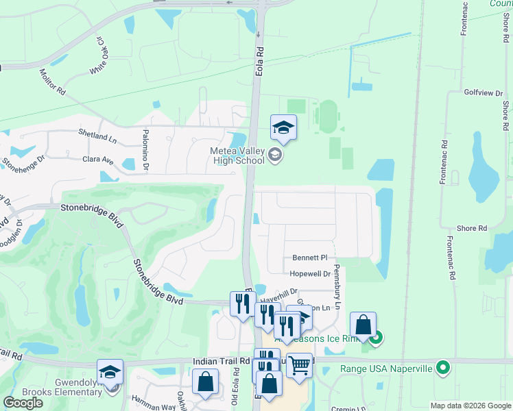 map of restaurants, bars, coffee shops, grocery stores, and more near 3107 Whitney Road in Aurora