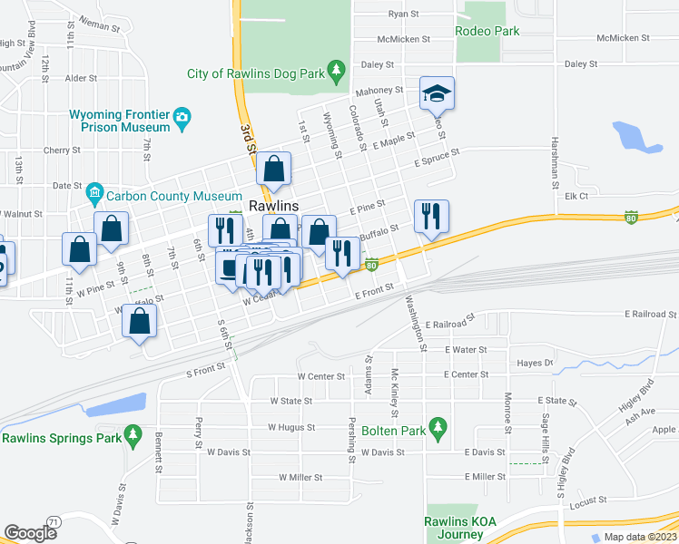 map of restaurants, bars, coffee shops, grocery stores, and more near 208 1st Street in Rawlins