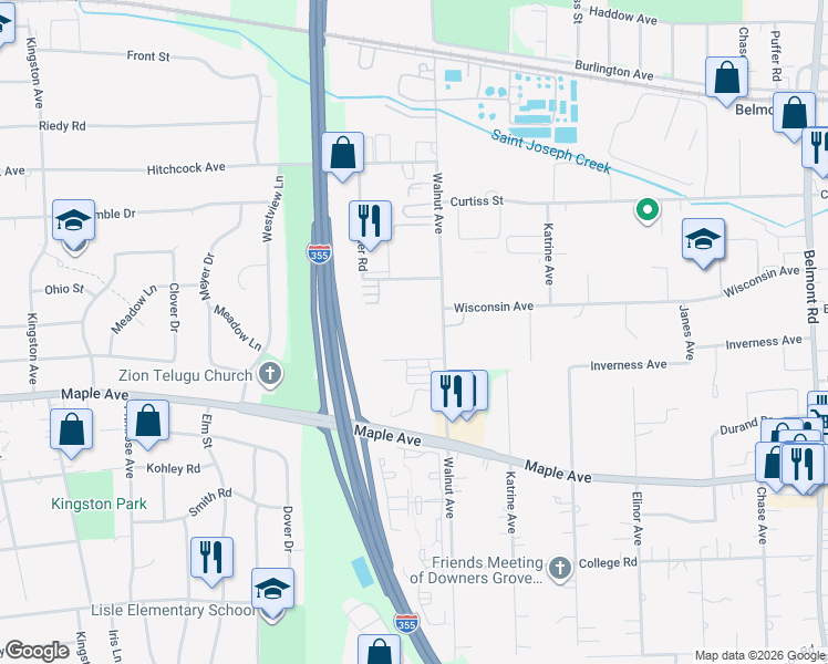 map of restaurants, bars, coffee shops, grocery stores, and more near 5540 Walnut Avenue in Downers Grove