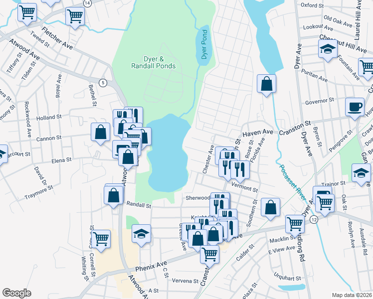 map of restaurants, bars, coffee shops, grocery stores, and more near 82 Batcheller Avenue in Cranston