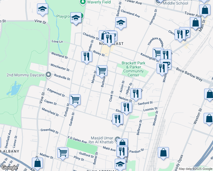 map of restaurants, bars, coffee shops, grocery stores, and more near 25 Judson Street in Hartford