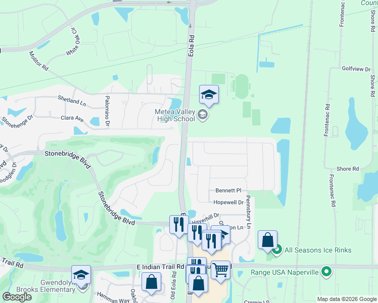 map of restaurants, bars, coffee shops, grocery stores, and more near 3107 Whitney Road in Aurora