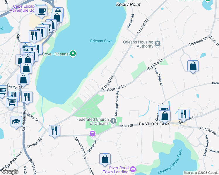 map of restaurants, bars, coffee shops, grocery stores, and more near 125 Tonset Road in Orleans