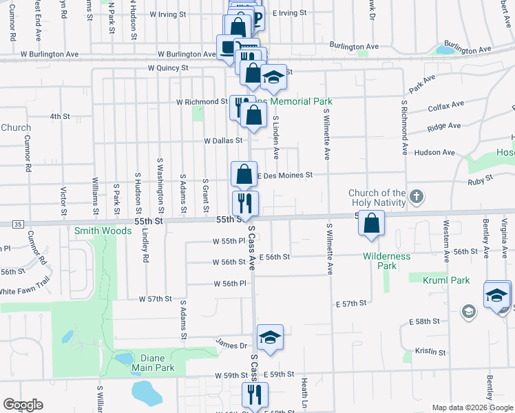 map of restaurants, bars, coffee shops, grocery stores, and more near in Westmont