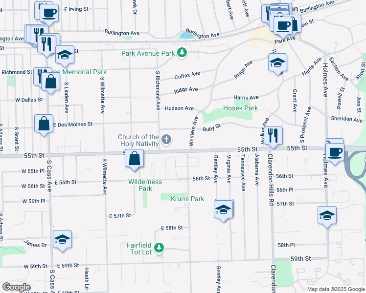 map of restaurants, bars, coffee shops, grocery stores, and more near 406 County Road 35 in Clarendon Hills