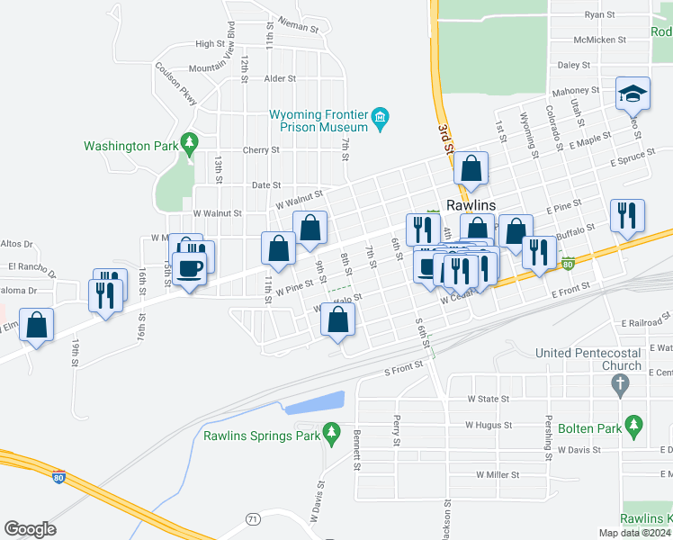 map of restaurants, bars, coffee shops, grocery stores, and more near 813 West Pine Street in Rawlins