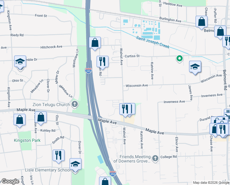 map of restaurants, bars, coffee shops, grocery stores, and more near 5540 Walnut Avenue in Downers Grove