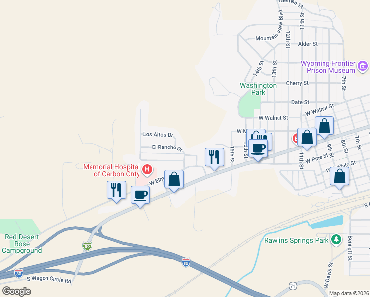 map of restaurants, bars, coffee shops, grocery stores, and more near 154 El Rancho Drive in Rawlins