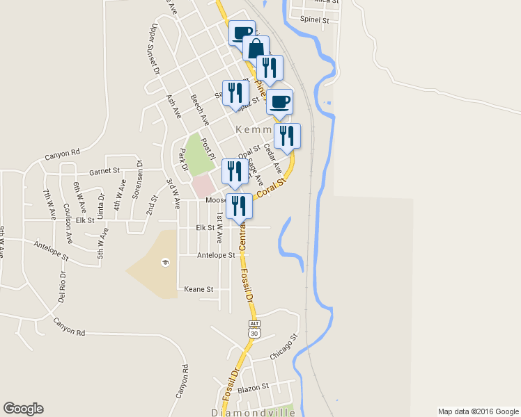 map of restaurants, bars, coffee shops, grocery stores, and more near 514 Moose Street in Kemmerer