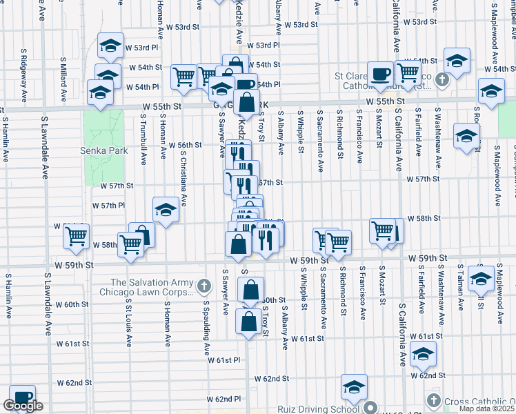 map of restaurants, bars, coffee shops, grocery stores, and more near 5745 South Troy Street in Chicago