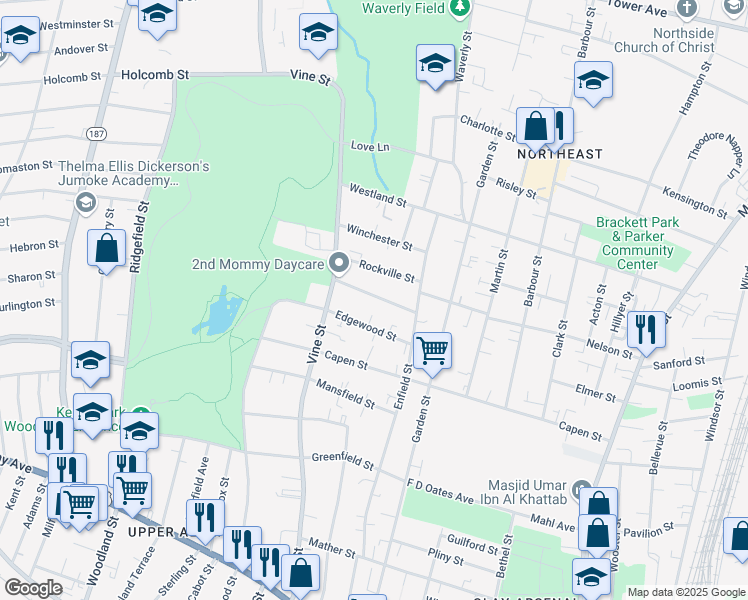 map of restaurants, bars, coffee shops, grocery stores, and more near 39 Vineland Terrace in Hartford