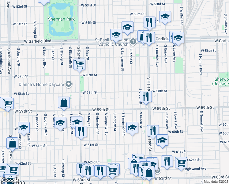map of restaurants, bars, coffee shops, grocery stores, and more near S Morgan St & W 58th St in Chicago