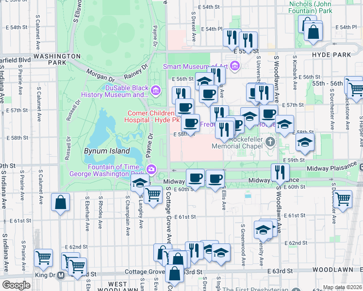 map of restaurants, bars, coffee shops, grocery stores, and more near 5841 S Maryland Ave # Mc6098 in Chicago