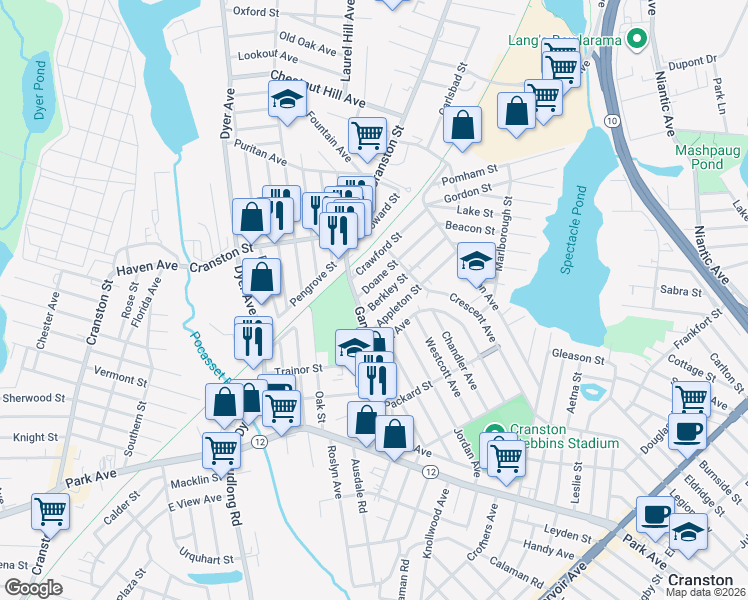 map of restaurants, bars, coffee shops, grocery stores, and more near 108 Berkley Street in Cranston
