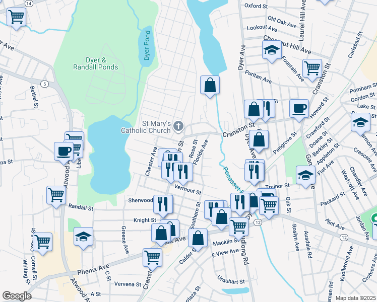 map of restaurants, bars, coffee shops, grocery stores, and more near 42 Florida Avenue in Cranston