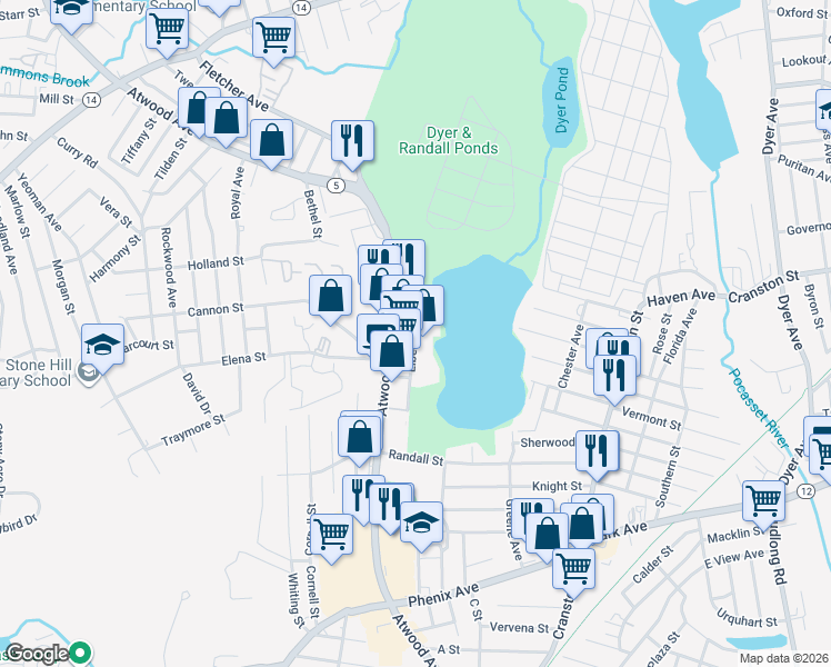 map of restaurants, bars, coffee shops, grocery stores, and more near 477 Atwood Ave in Cranston