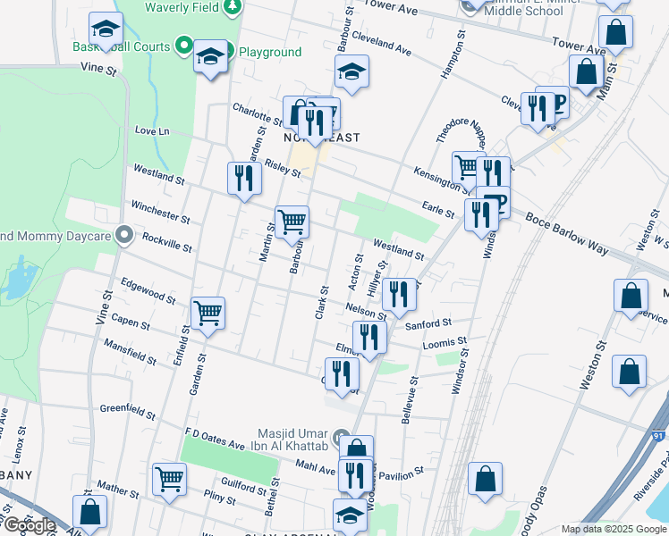 map of restaurants, bars, coffee shops, grocery stores, and more near 142 Clark Street in Hartford