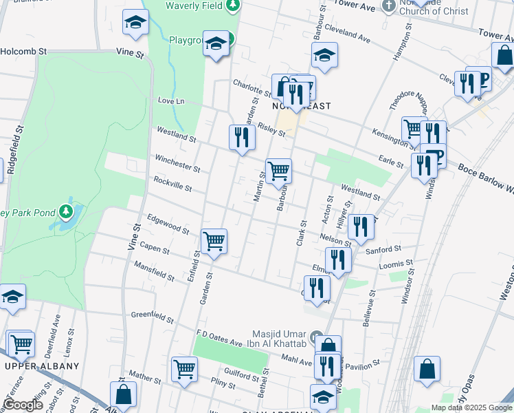 map of restaurants, bars, coffee shops, grocery stores, and more near 110 Martin Street in Hartford