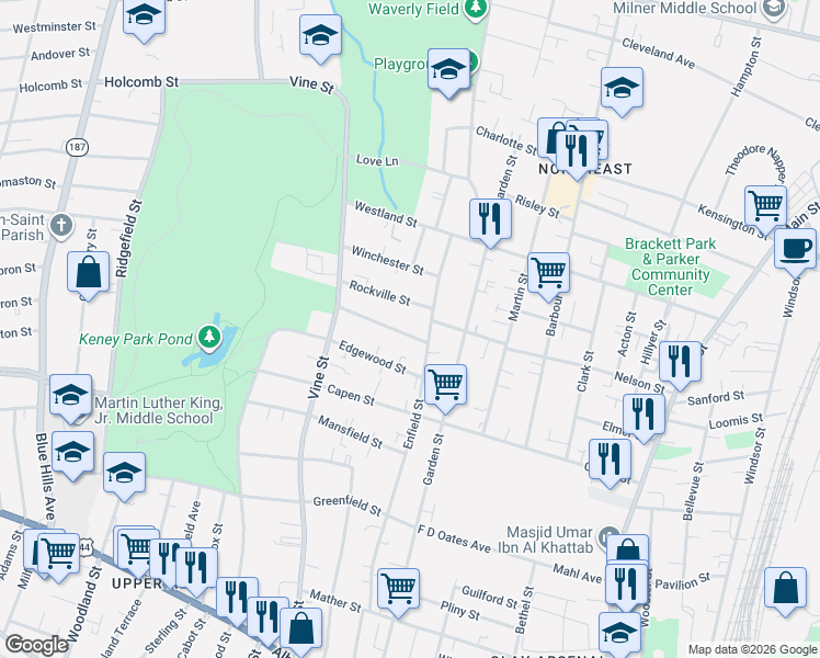 map of restaurants, bars, coffee shops, grocery stores, and more near 69 Vineland Terrace in Hartford