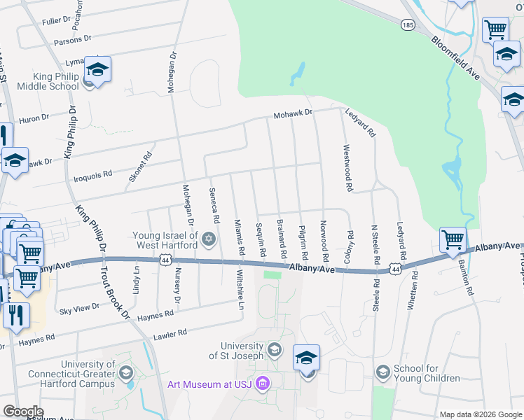 map of restaurants, bars, coffee shops, grocery stores, and more near 29 Sequin Road in West Hartford