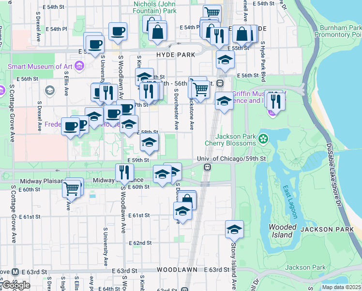 map of restaurants, bars, coffee shops, grocery stores, and more near 5821 South Dorchester Avenue in Chicago