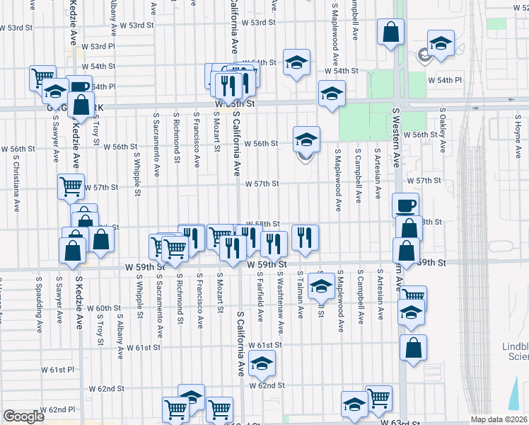map of restaurants, bars, coffee shops, grocery stores, and more near 5754 South Washtenaw Avenue in Chicago