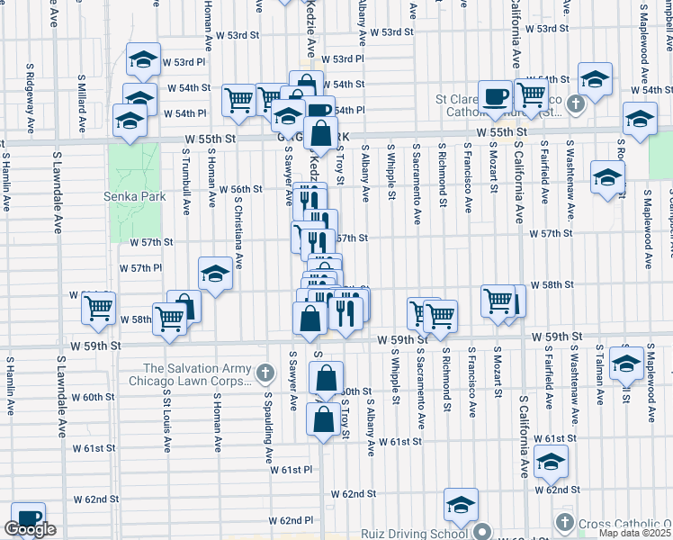 map of restaurants, bars, coffee shops, grocery stores, and more near 5745 South Troy Street in Chicago
