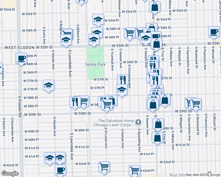 map of restaurants, bars, coffee shops, grocery stores, and more near 5743 South Trumbull Avenue in Chicago