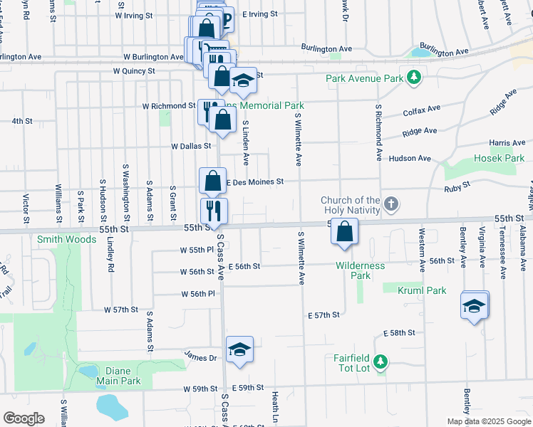 map of restaurants, bars, coffee shops, grocery stores, and more near 50 East 55th Street in Westmont
