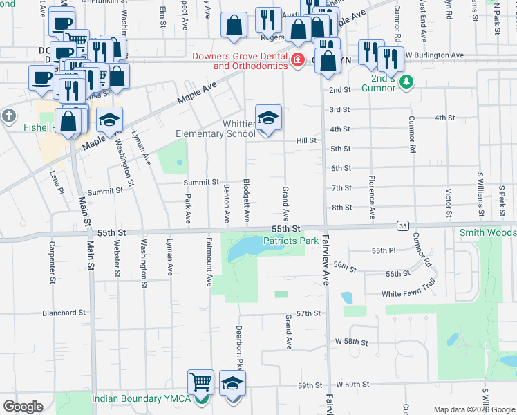 map of restaurants, bars, coffee shops, grocery stores, and more near 5427 Blodgett Avenue in Downers Grove