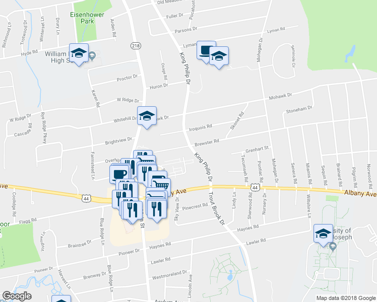 map of restaurants, bars, coffee shops, grocery stores, and more near 171 Brewster Road in West Hartford