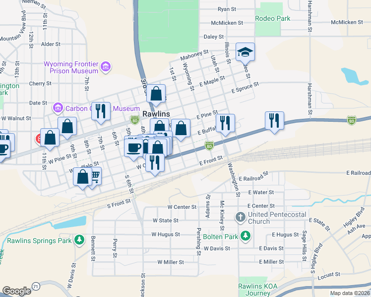 map of restaurants, bars, coffee shops, grocery stores, and more near 121 West Cedar Street in Rawlins