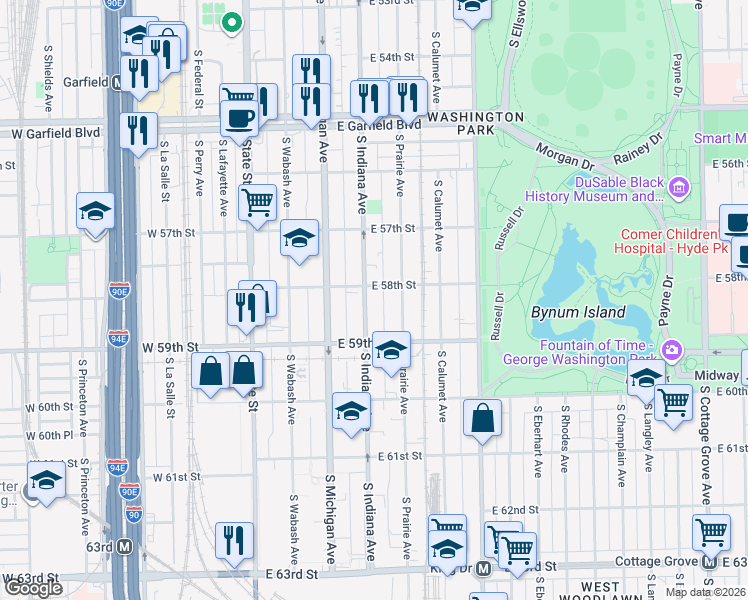 map of restaurants, bars, coffee shops, grocery stores, and more near 5813 South Indiana Avenue in Chicago
