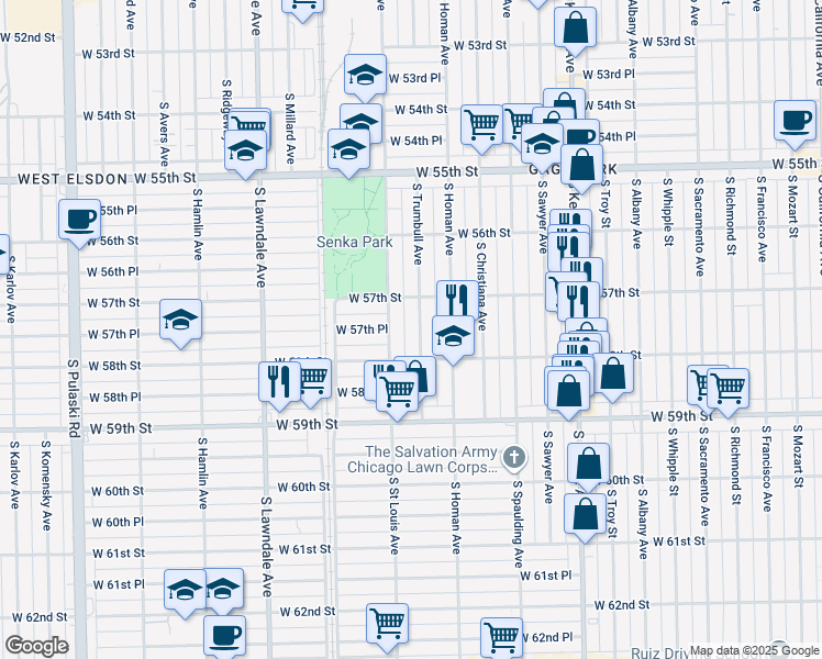map of restaurants, bars, coffee shops, grocery stores, and more near 5743 South Trumbull Avenue in Chicago