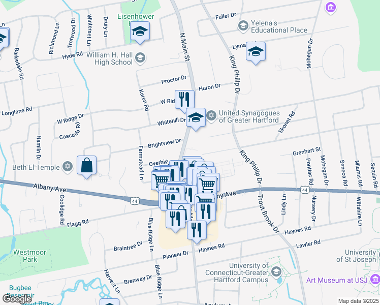 map of restaurants, bars, coffee shops, grocery stores, and more near 2 Starkel Road in West Hartford